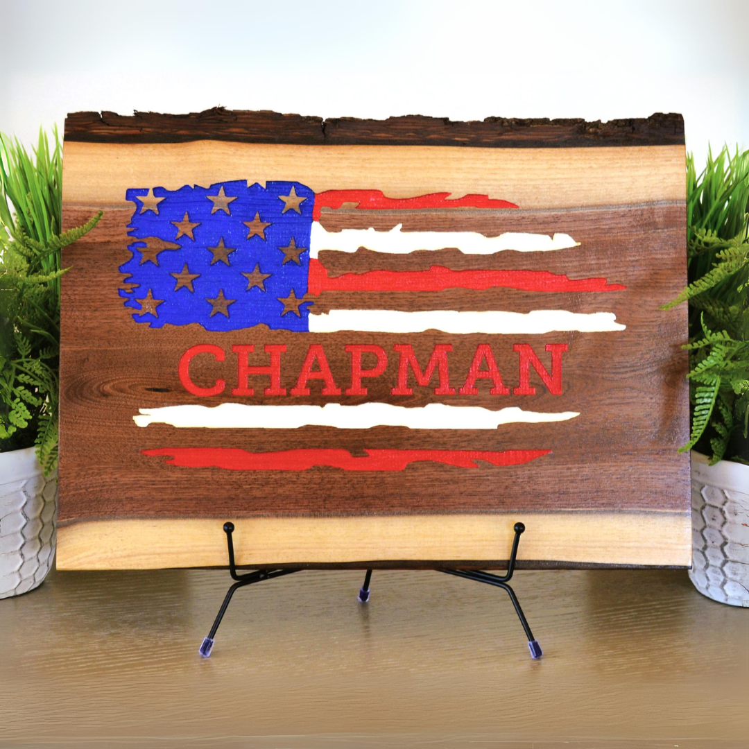 American Flag Design Personalized Lacquered Custom Engraved Live Edge Walnut Wood Cutting Board
