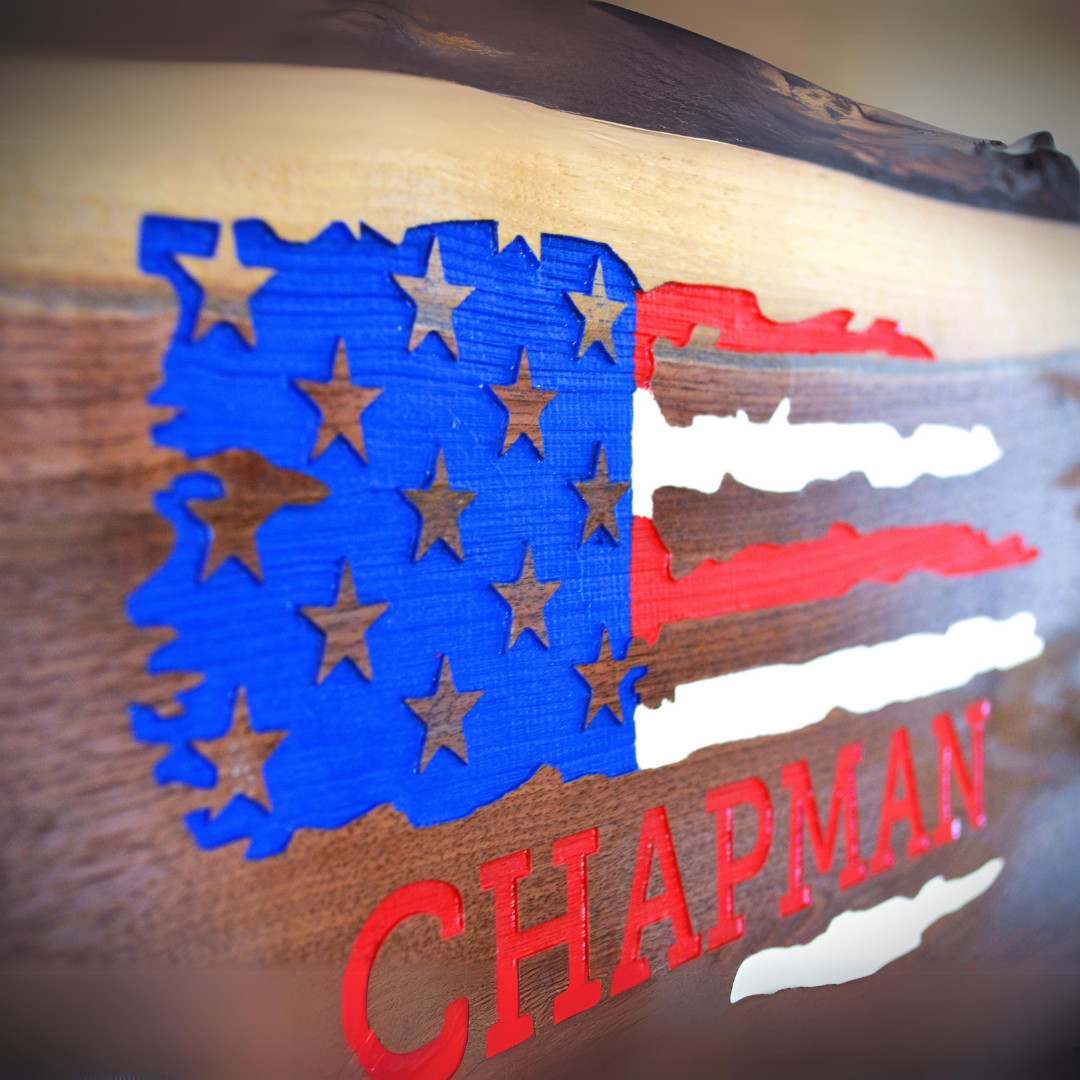 American Flag Design Personalized Lacquered Custom Engraved Live Edge Walnut Wood Cutting Board