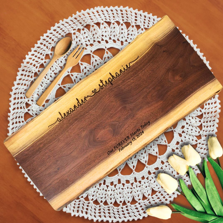 Personalized Engraved Walnut Charcuterie Board - Custom Live Edge Serving Tray for Weddings, Events, and Parties
