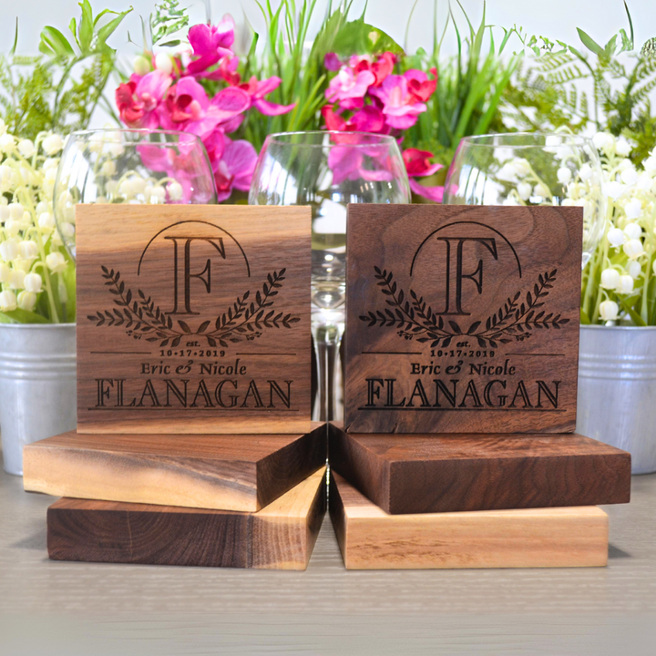 Personalized Custom Engraved Walnut Coasters Handmade 1" Thick Live Edge Wood Perfect Wedding Gift