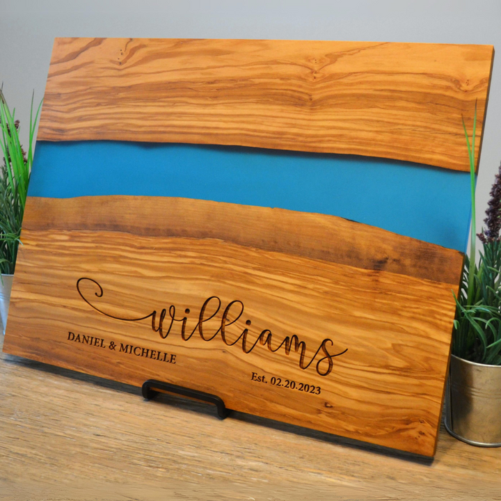 Personalized Cutting Board Wedding Gift Teak Wood Blue River Epoxy Live Edge Display