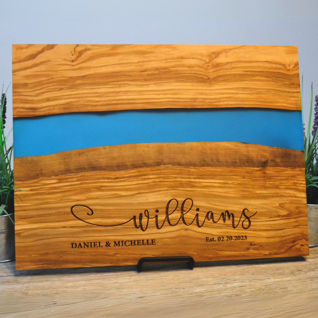 Personalized Cutting Board Wedding Gift Teak Wood Blue River Epoxy Live Edge Display