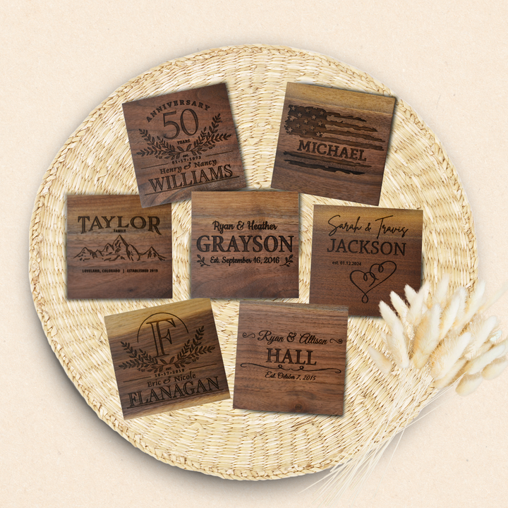 Personalized Custom Engraved Walnut Coasters Handmade 1" Thick Live Edge Wood Perfect Wedding Gift