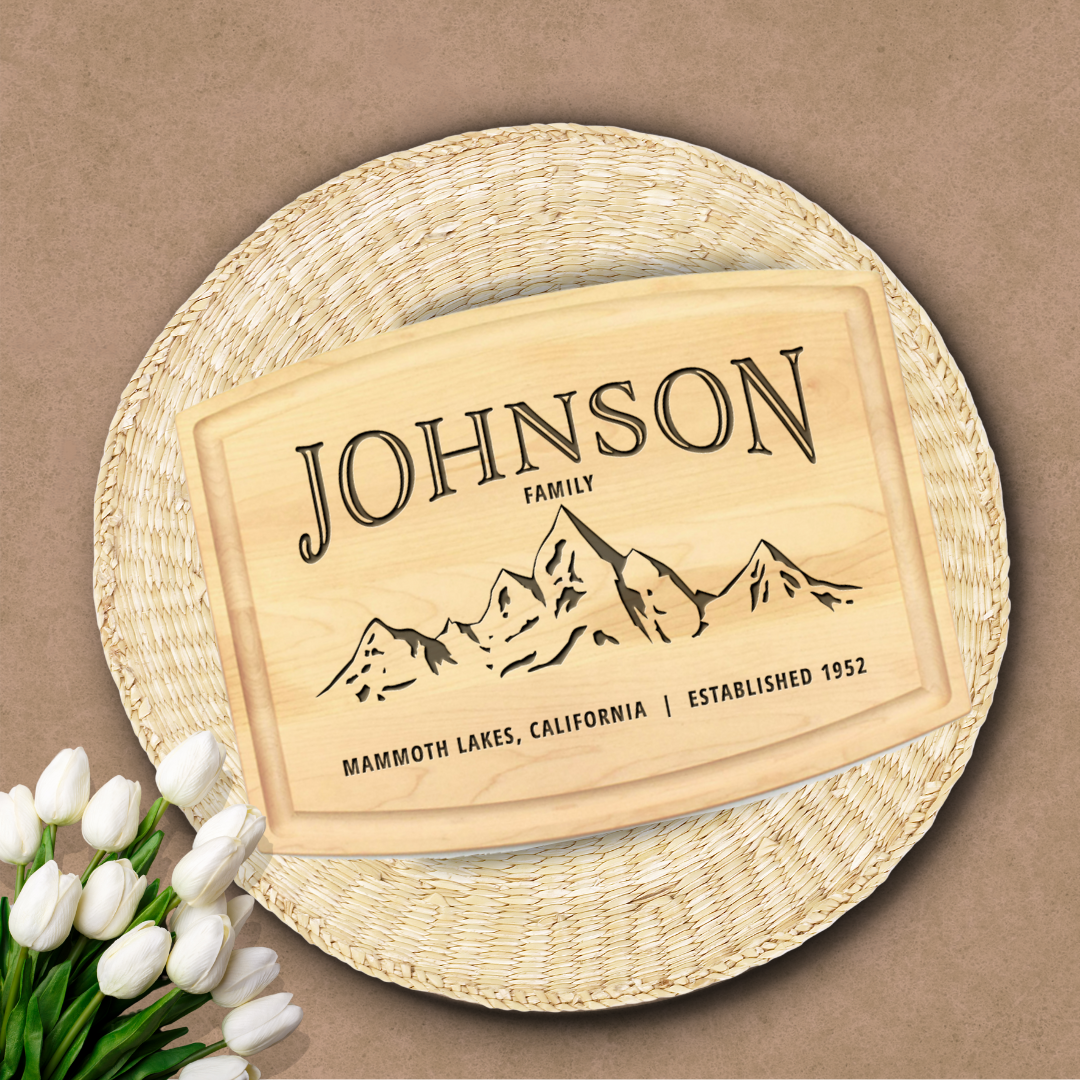 Personalized Maple Cutting Board with Mountain Family Monogram - Premium Engraved Gift