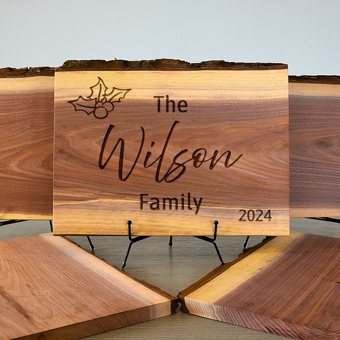 Personalized Christmas Gift - Live Edge Walnut Wood Family Name Sign with Holiday Mistletoe