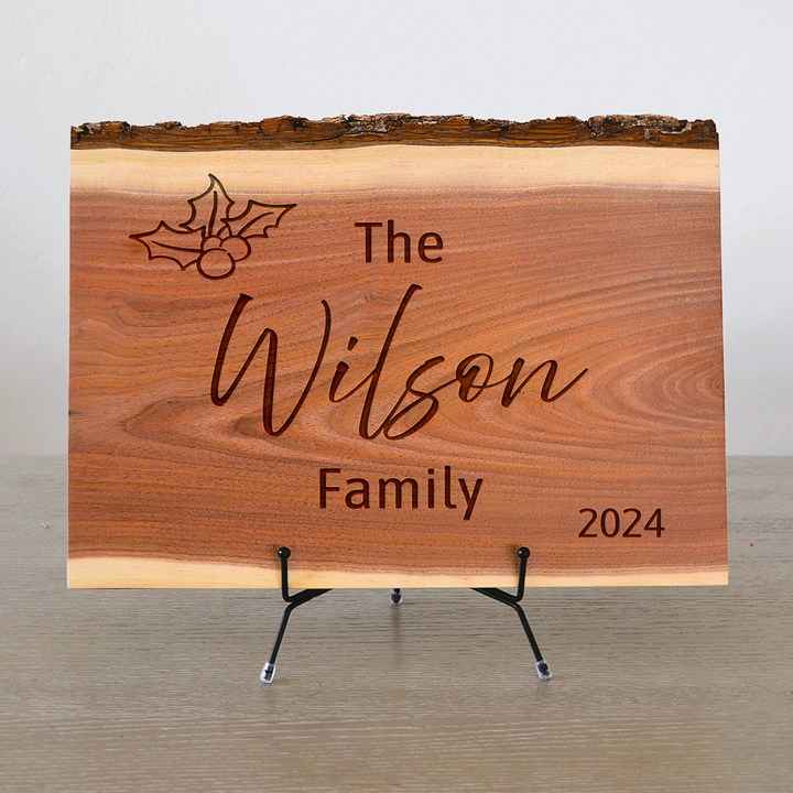 Personalized Christmas Gift - Live Edge Walnut Wood Family Name Sign with Holiday Mistletoe