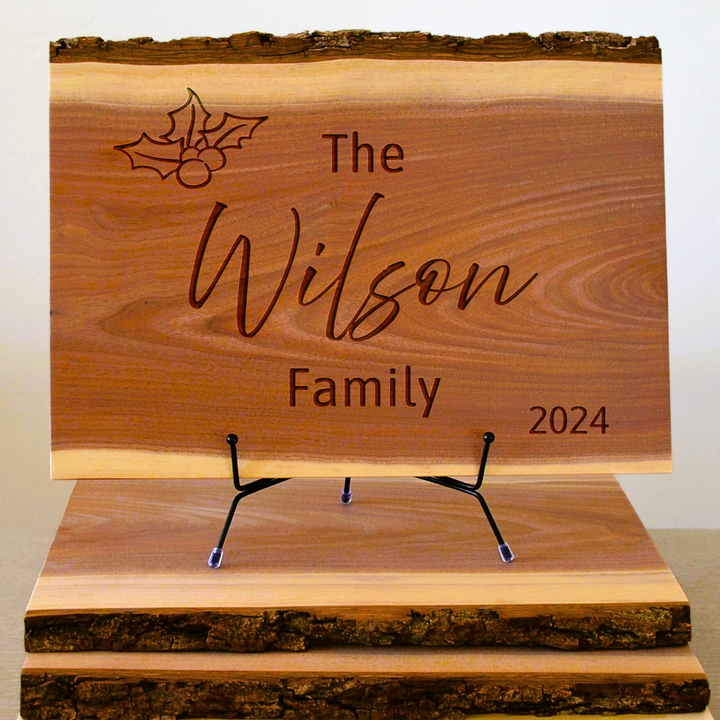 Personalized Christmas Gift - Live Edge Walnut Wood Family Name Sign with Holiday Mistletoe